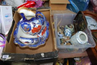 Wash jug and basin, soap dish by Doulton Burslem, oriental figures etc.