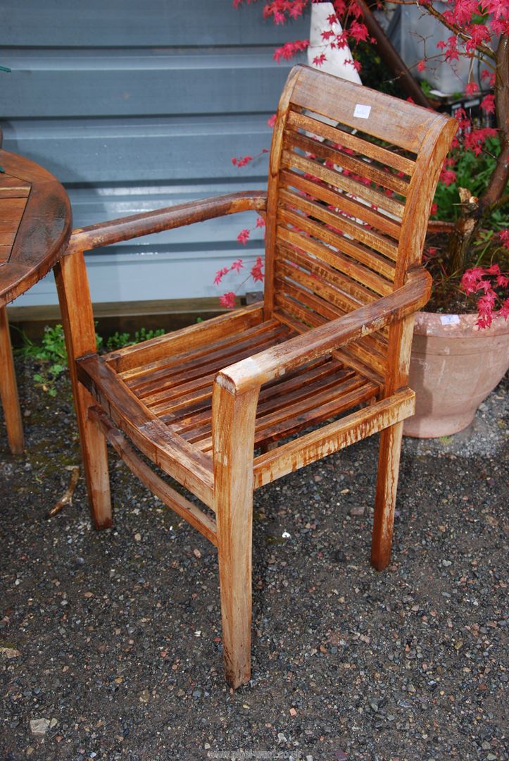 A teak patio Table and six chairs with pad cushions and parasol, 6' long x 39" high. - Image 2 of 3