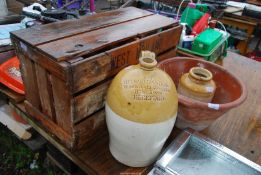 Old wooden box 'West Midlands producers', a 'Landon Hereford' flask and a bread crock a/f.