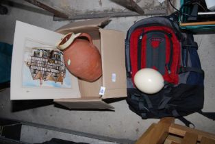 A Rucksack, terracotta jug and ostrich egg etc.