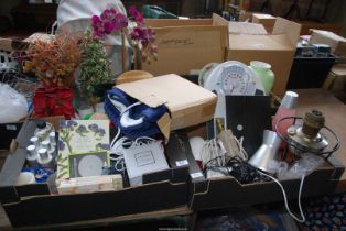 Four boxes of miscellanea, china, oil amp, bathroom scales, lava lamp etc.