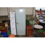 A metal cabinet with three shelves, 2' wide x 18" deep x 71" high, a four drawer locker,