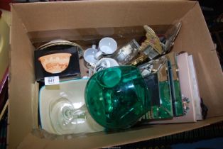 Box of pictures, frames, china, glass, etc.