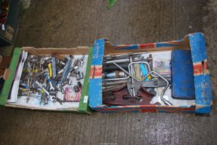 Two boxes of assorted spanners, 1/2 drive socket set, adjustable spanners etc.