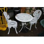 A White painted Aluminium patio table with two chairs, 27" diameter x 26" high.