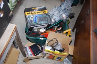 A box of tools, Wagner spray gun, drain buster, etc.