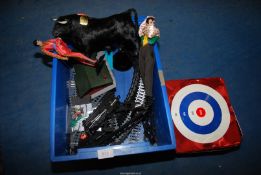 A box of plastic model railway including engine, a Spanish Bull and Matador and Biscuit Tin. ***V.