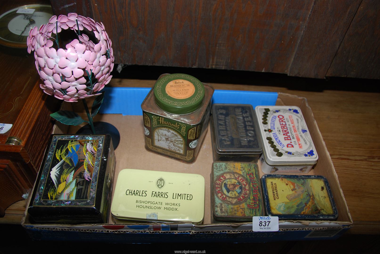 Old tins, 'John Player', 'Tea time' etc.