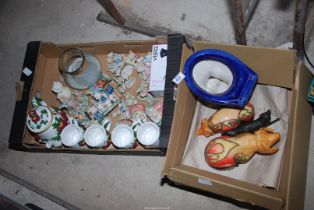 Two boxes of china, china ornaments, Country Artist pigs etc.
