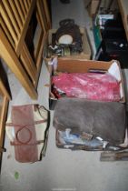 Three boxes including bake stone, cast door stop, 2 vintage suitcases, brass table lamp, Barometer.