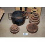A Holcroft No. 3 two pint Cast iron Pot, old 1 lb. weights, etc.