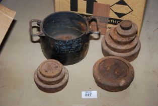 A Holcroft No. 3 two pint Cast iron Pot, old 1 lb. weights, etc.