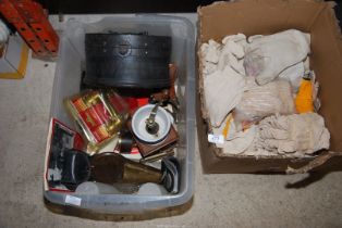 A box of work gloves, coffee grinder, door handles, etc.