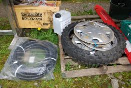 Toyota wheel trims, motorbike tyre for Motocross, 110/90/19 x plastic tubing and Wallcrete water.