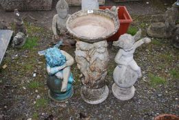 Three fibre glass ornaments - two angels and a bird bath.