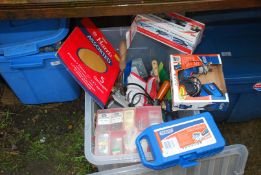 A plastic box of various tools lead lamp, tin snips, spanners, gardening tools, jubilee clips etc.