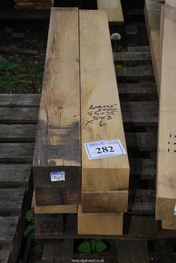 Six lengths of Oak timber 5" x 3" x 35" to 45" long.