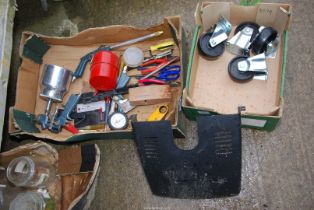 A box containing 3" wheel castors, (2 fixed, 2 swivel), spray gun, oil gun, tyre inflator, pliers,