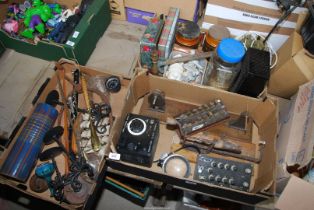 Three boxes of misc, storage jars, tins, shoe horn etc.