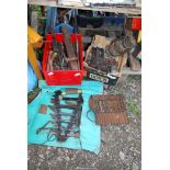 A plastic container of Vintage hand tools, carpenters vice, fold up bag of spanners, tool set,