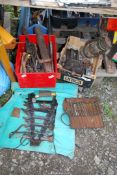 A plastic container of Vintage hand tools, carpenters vice, fold up bag of spanners, tool set,
