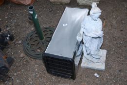 A cast iron pedestal stand, stainless steel waste bin and fibre glass figure of lady with an urn.