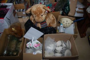 An enamel colander, teasets and a Russ large teddy.