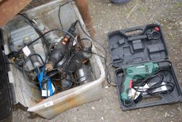 A quantity of power tools, Parkside 240 electric drill, a Draper plate joiner, bell sander,