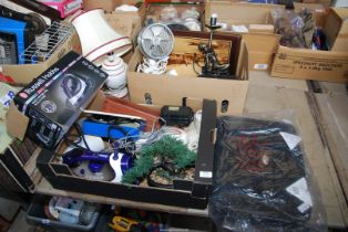 Two boxes of misc, iron, antler case, table lamps, etc.
