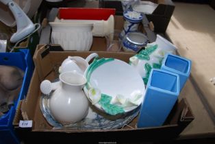 Two boxes of china, jardiniere and stands etc.