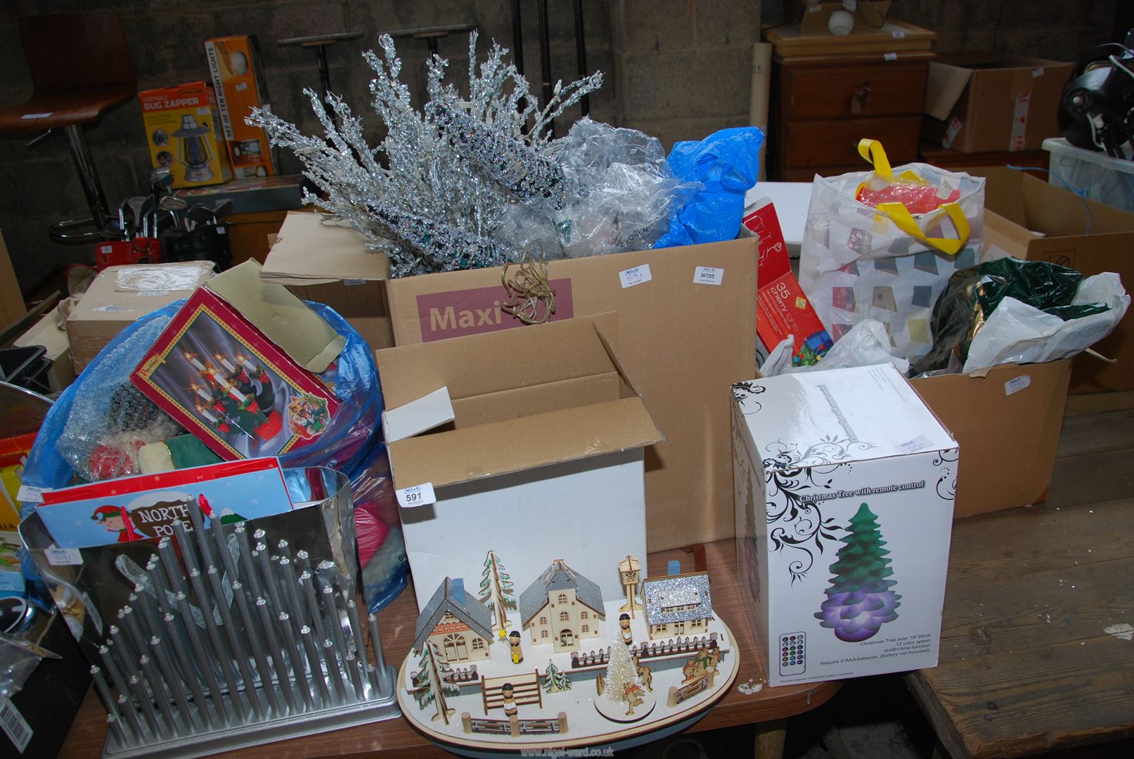 A large quantity of Christmas decorations.