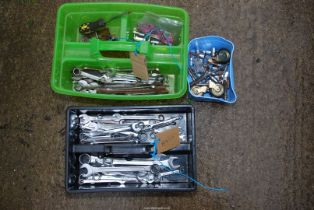 Two plastic tool trays, combination spanners, 3/8th drive sockets, 1/2" drive sockets etc.