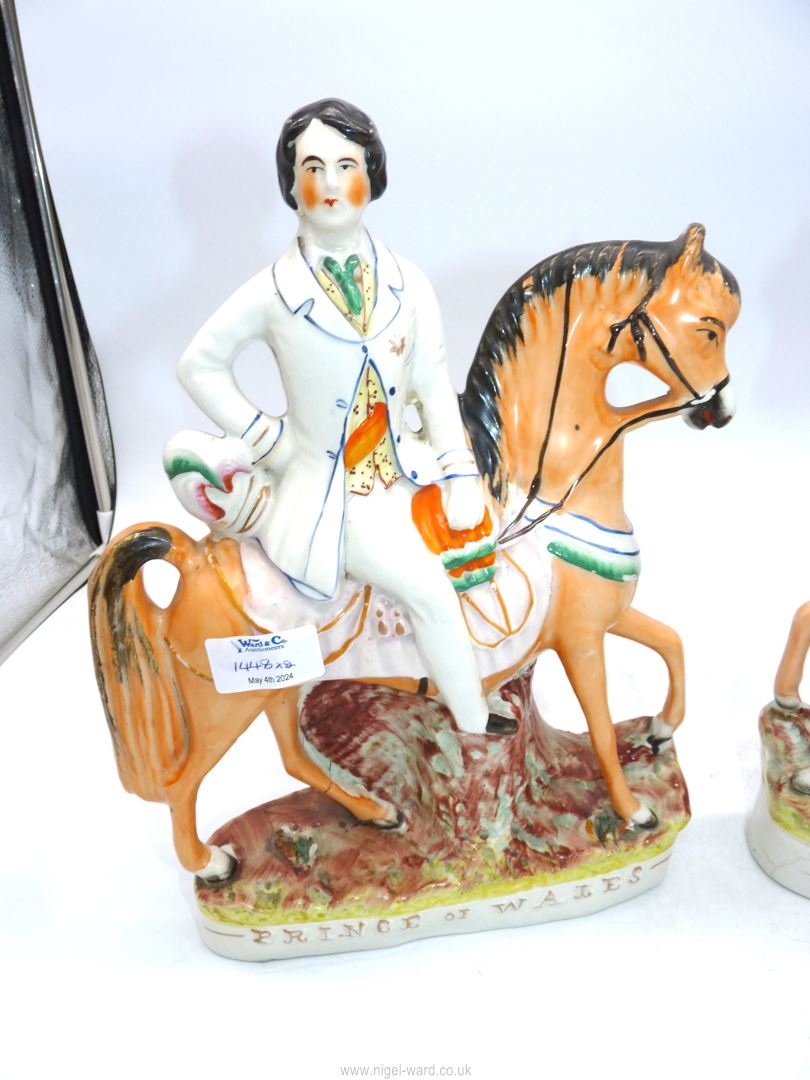 A pair of Staffordshire figures on horseback - 'Prince of Wales' and 'Princess' (a/f), 13 1/2" tall. - Image 2 of 5