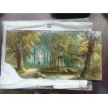A hand painted Tile titled 'Through The Woods' depicting a forest scene with a single figure,