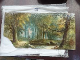 A hand painted Tile titled 'Through The Woods' depicting a forest scene with a single figure,