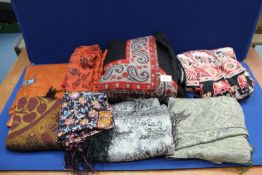 A box of scarves, shawls, some silk, wool including a Pure New Wool WS Wadhwa Bros Kashmir shawl,