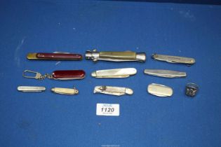 Ten Penknives/folding knives to include; a Mother of Pearl and Silver fruit knife, Sheffield 1901,