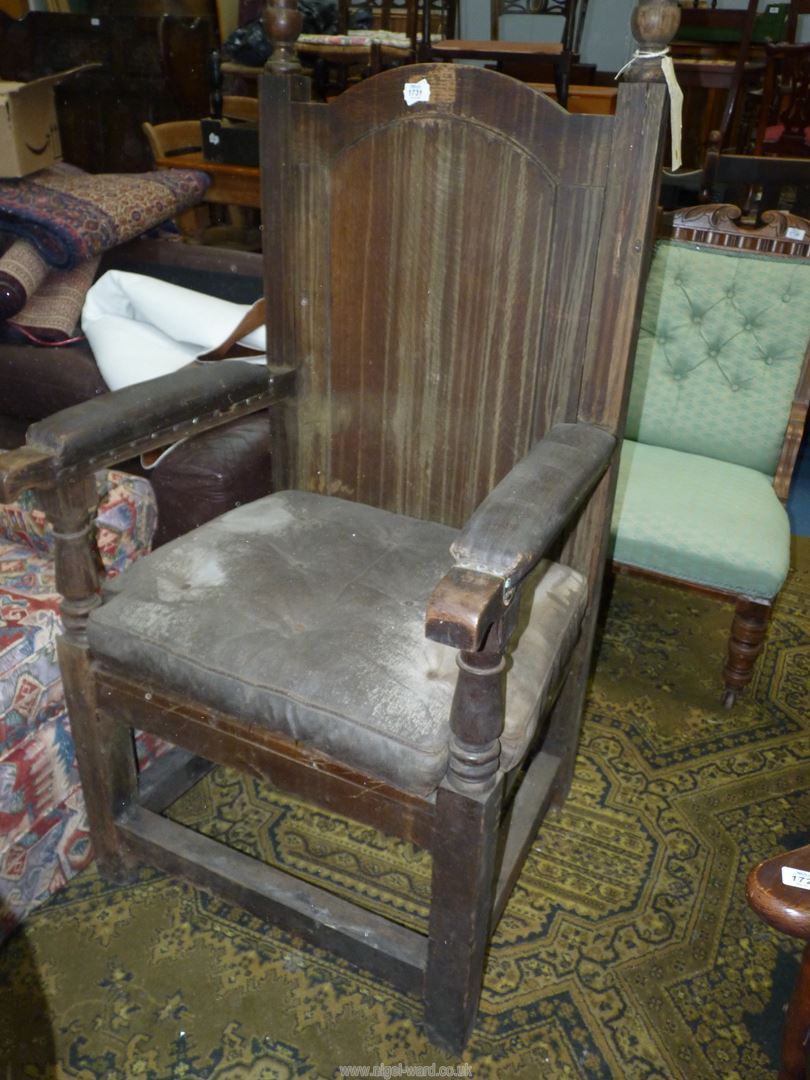 A heavy old Oak Armchair of Bardic/Mayoral design having a solid seat, - Image 2 of 5