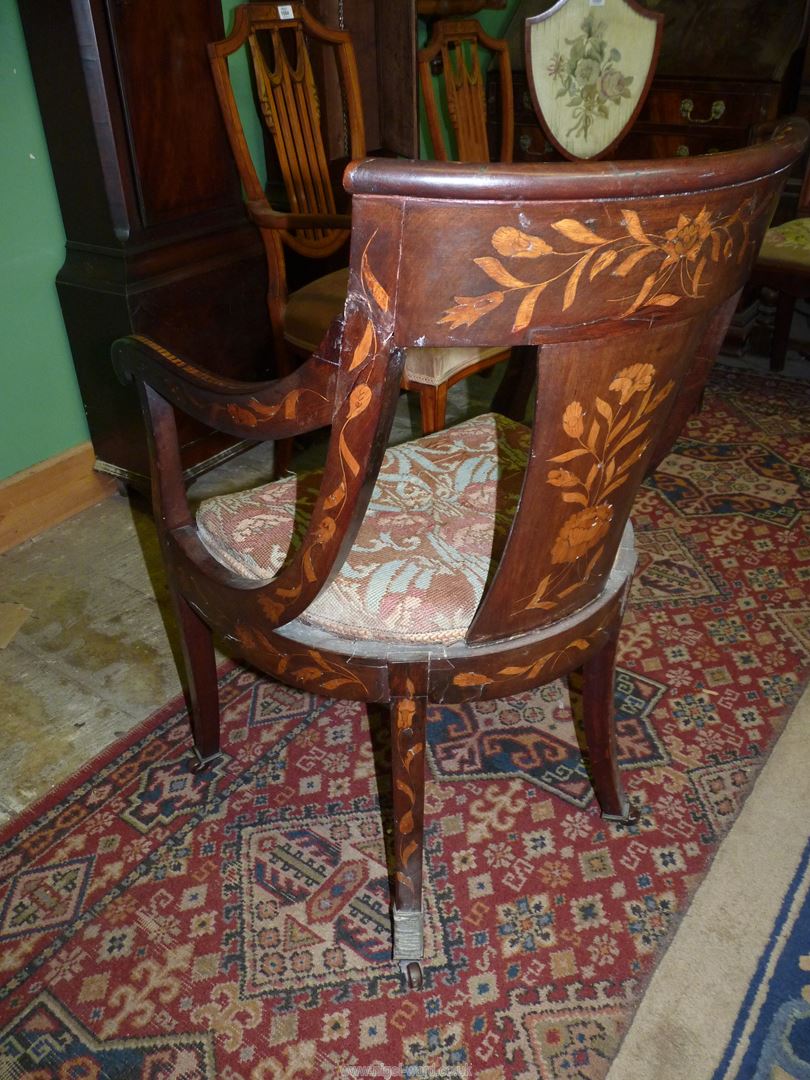 A most attractive Walnut and other woods Marquetry decorated open armed Elbow Chair, - Image 2 of 8