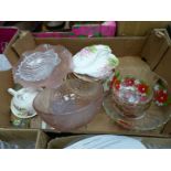 A quantity of glass including a floral decorated fruit set, frosted pink glass bowl and comport etc.