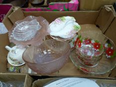 A quantity of glass including a floral decorated fruit set, frosted pink glass bowl and comport etc.