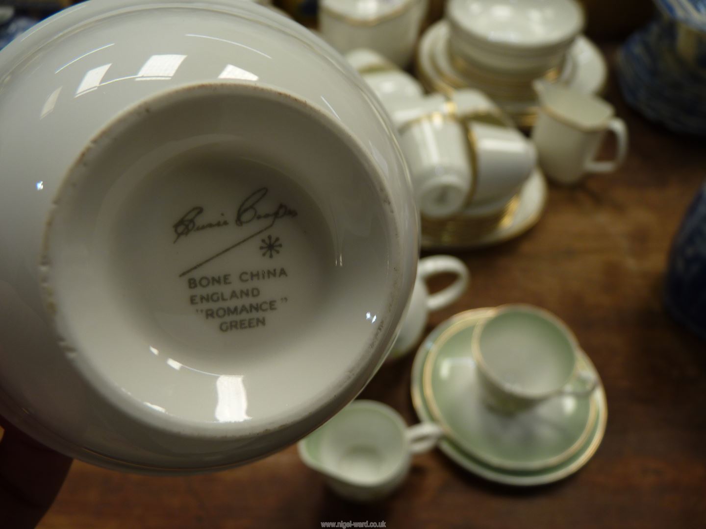 A Susie Cooper "Romance" green Tea for Two comprising teapot, two cups and saucers and tea plates, - Image 2 of 2