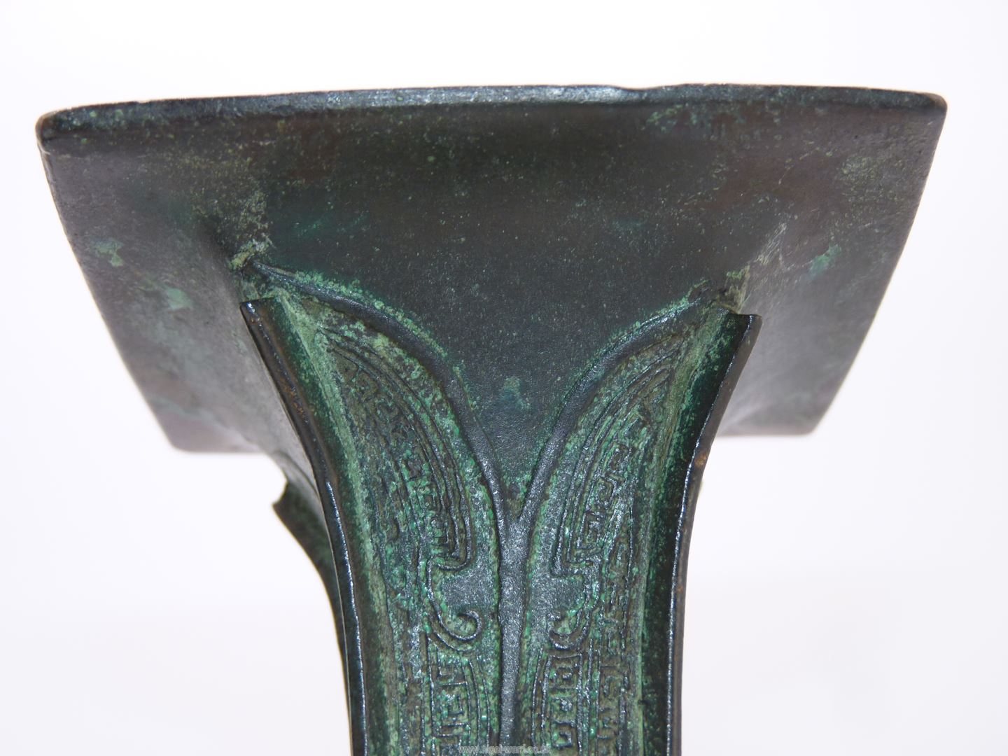 A pair of small Chinese bronze 'Gu' vases, probably Ming dynasty, on custom made wooden stands, - Image 15 of 18