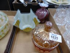 A handkerchief vase, Channel Island ruby vase and a preserves jar.