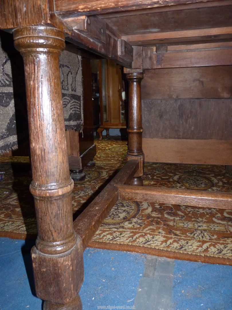 A large Oak Dining Table standing on substantial turned legs united by a "H" stretcher, - Image 3 of 4