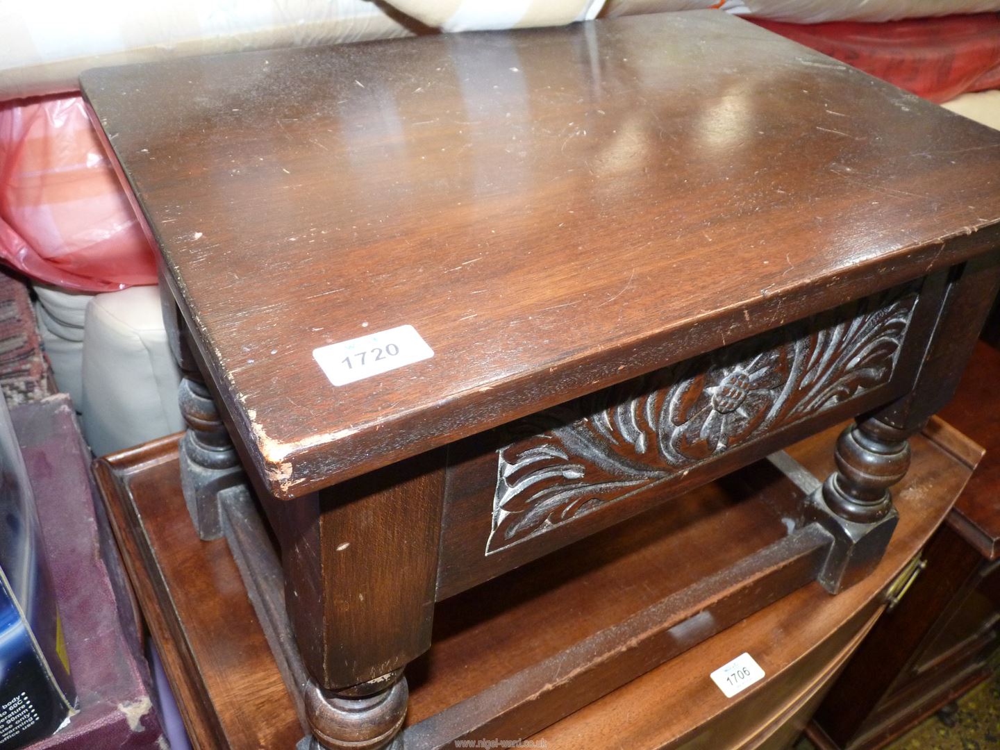 An Oak locker top Stool/occasional Table standing on turned legs united by perimeter stretchers and - Image 3 of 3