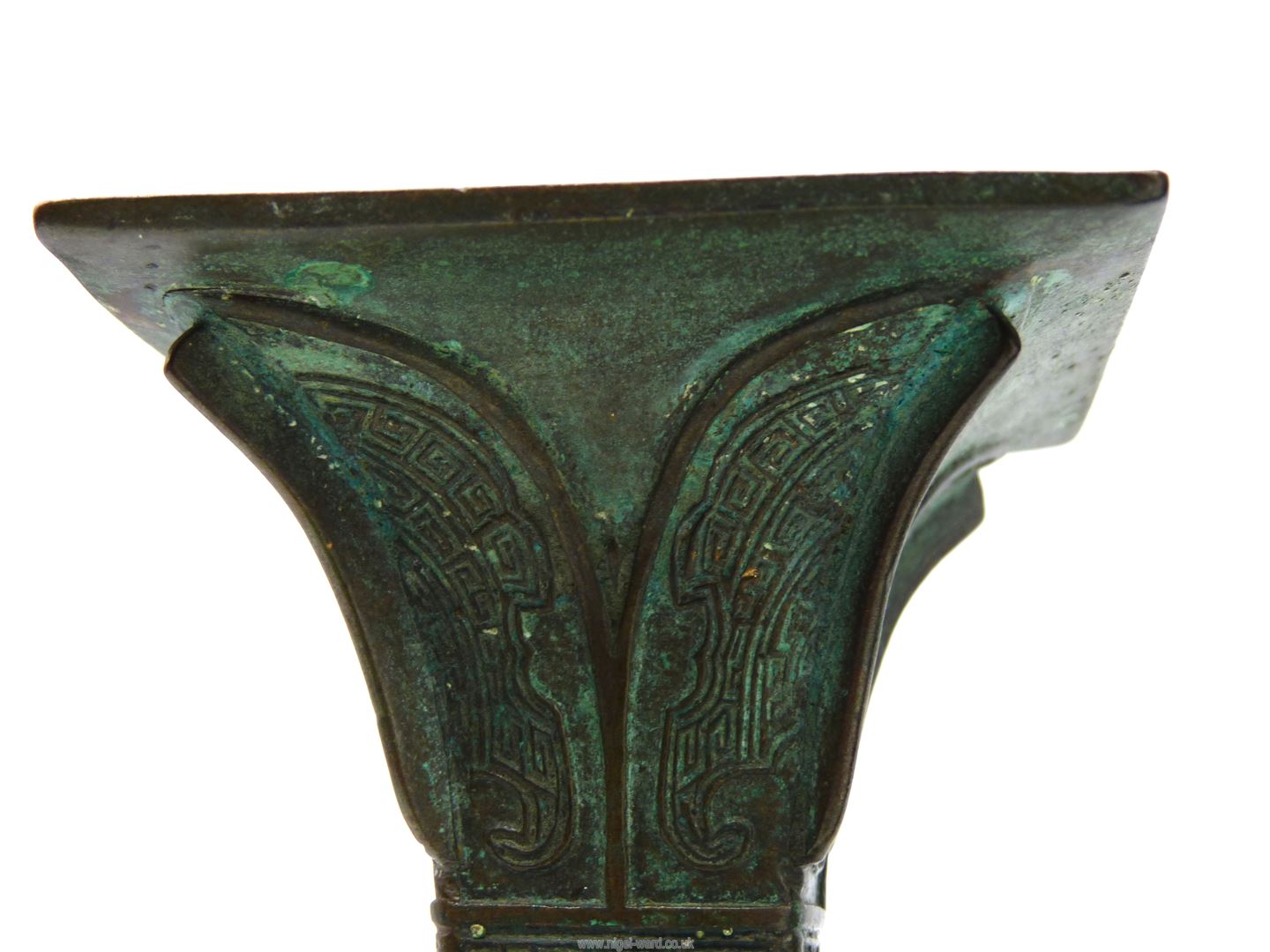 A pair of small Chinese bronze 'Gu' vases, probably Ming dynasty, on custom made wooden stands, - Image 14 of 18