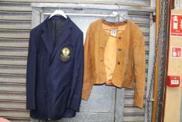 A 'CP Leather Company' cropped Nubuck leather jacket (size M) and a Royal Essex Navy blazer with
