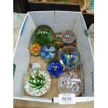 A quantity of paperweights including; pink floral Murano, Millefiori, blue yellow & green,