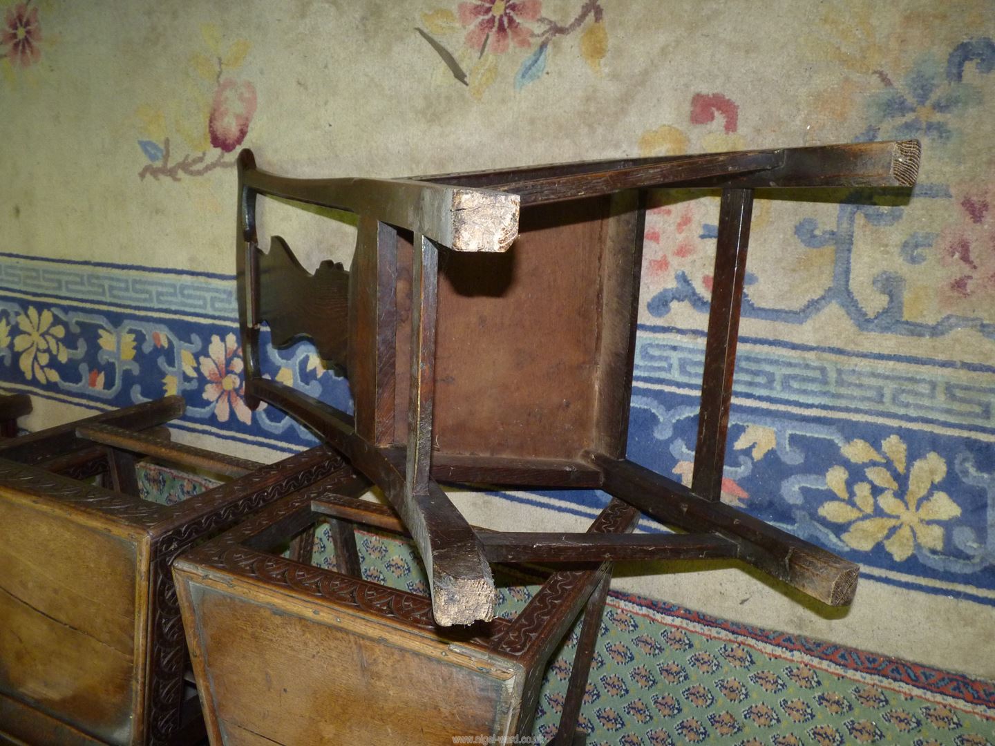 A set of four carved early Oak Dining Chairs having solid seats, - Image 4 of 5